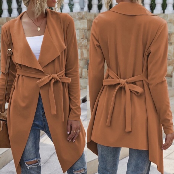 Fold over waterfall belted coat jacket tan boho - Picture 2 of 2